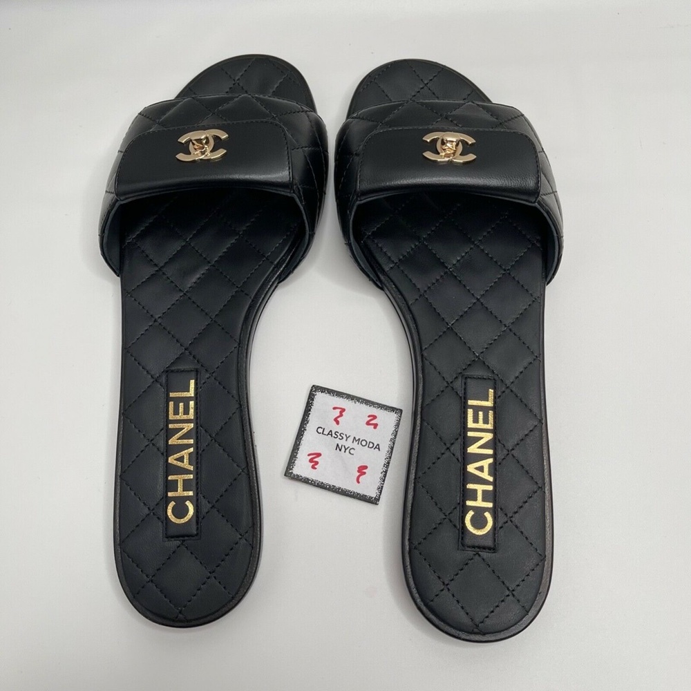 Chanel NIB Black Slides Turnlock Gold CC Logo Quilted Slide Flat Flop Sandals - Picture 5 of 12